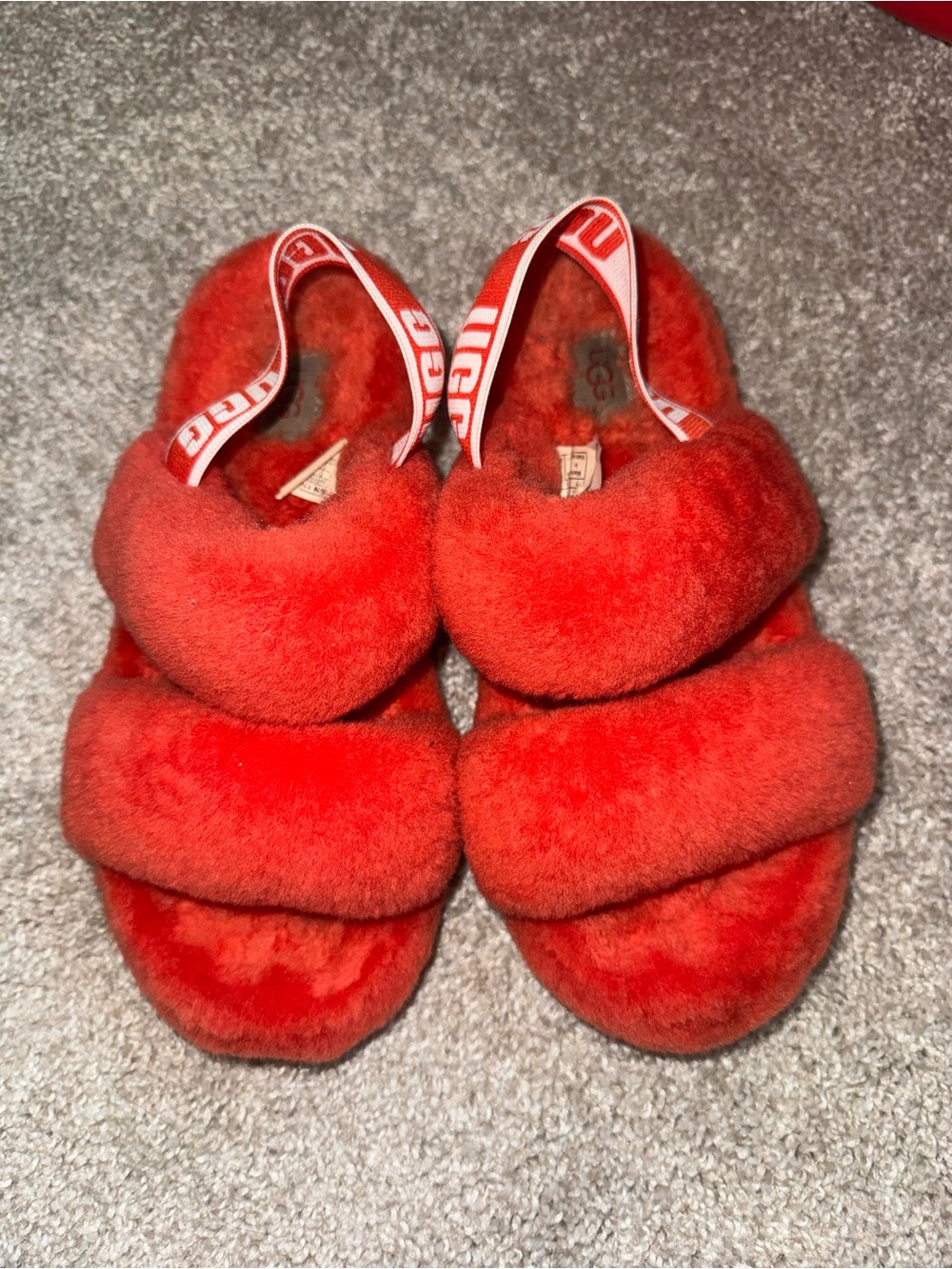 UGG Red Plush Double-Band Slide Sandals with Branded Heel Strap